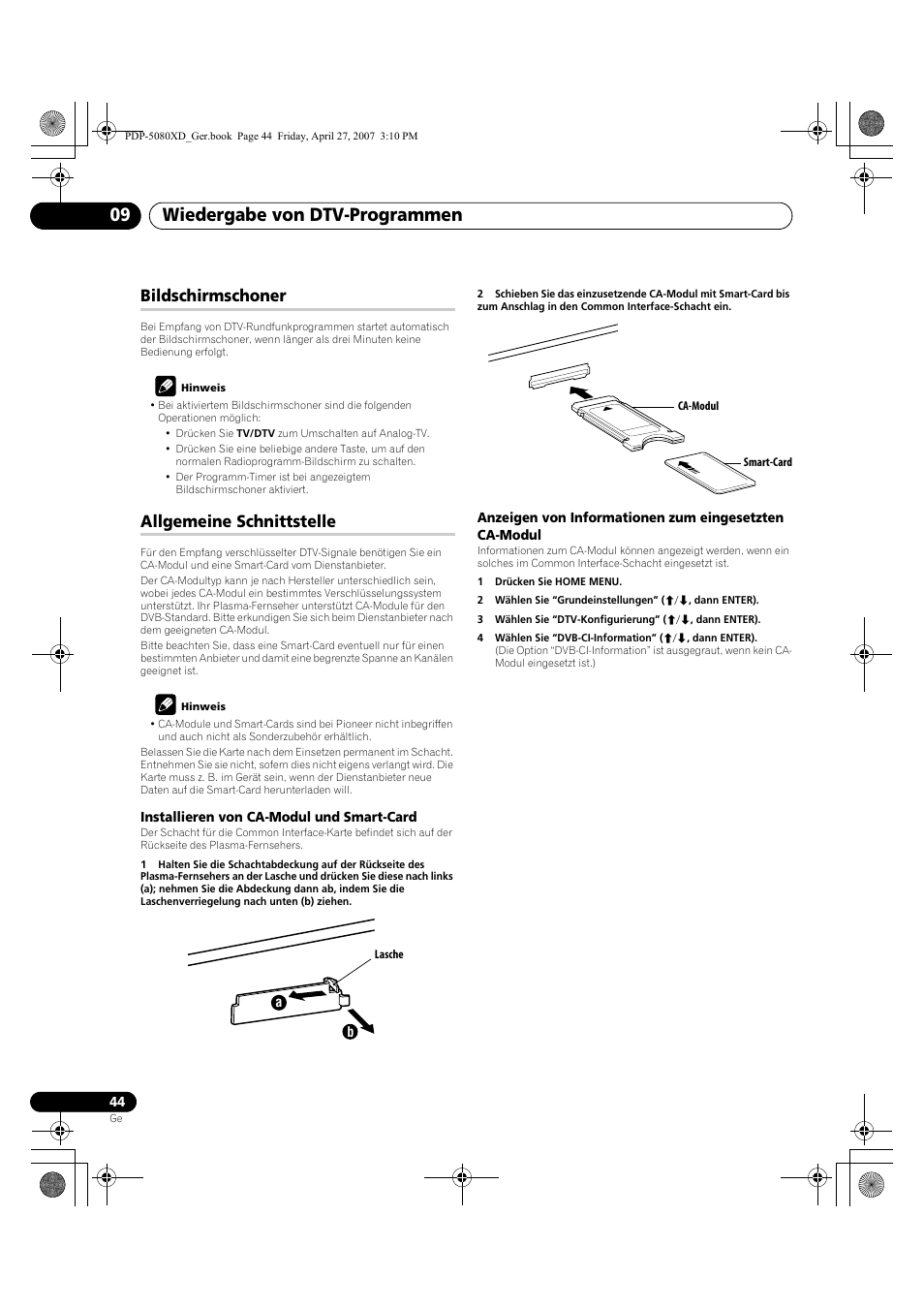 Bildschirmschoner, Allgemeine schnittstelle, Wiedergabe von dtv-programmen 09 | Pioneer PDP-SX5080D User Manual | Page 200 / 236