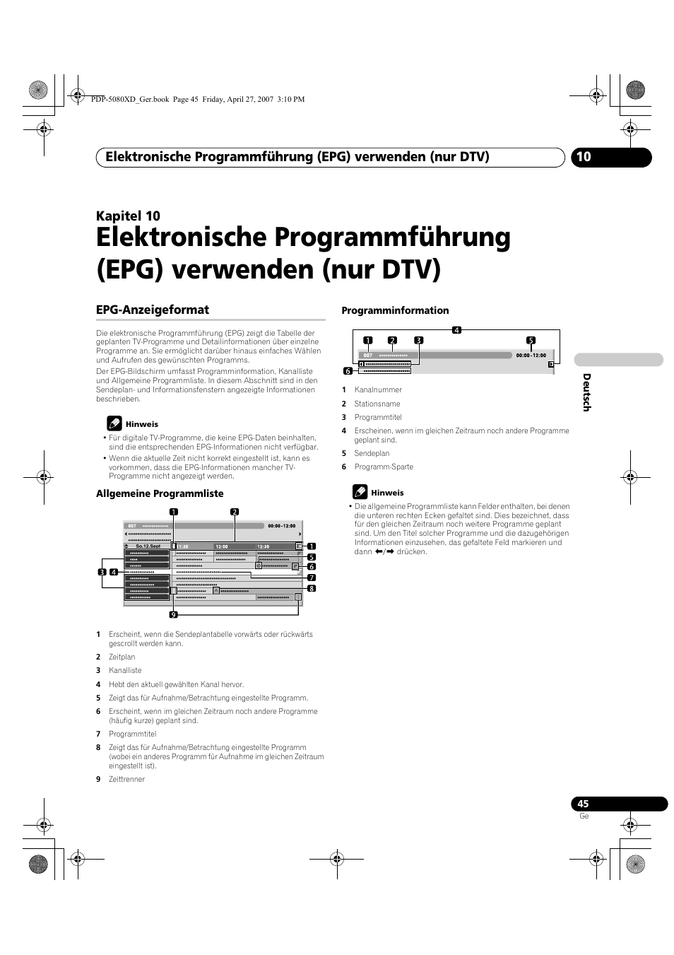 10 elektronische programmführung, Epg) verwenden (nur dtv), Epg-anzeigeformat | Kapitel 10 | Pioneer PDP-SX5080D User Manual | Page 201 / 236