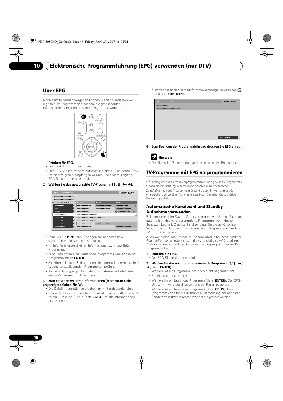 Über epg tv-programme mit epg vorprogrammieren, Über epg, Tv-programme mit epg vorprogrammieren | Pioneer PDP-SX5080D User Manual | Page 202 / 236