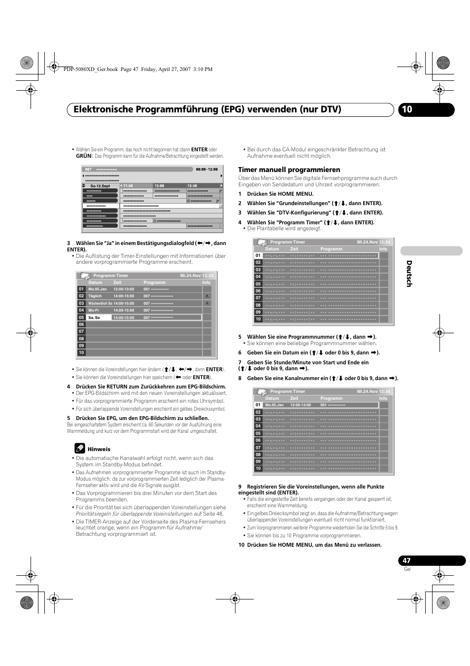 Deut sch, Timer manuell programmieren | Pioneer PDP-SX5080D User Manual | Page 203 / 236