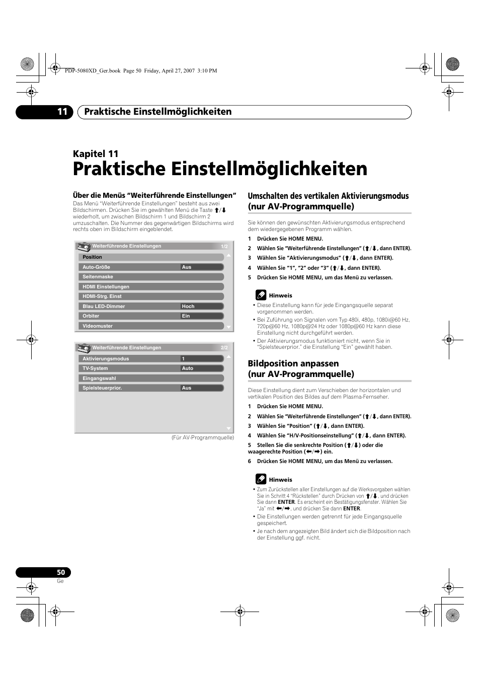 Umschalten des vertikalen aktivierungsmodus, Nur av-programmquelle), Bildposition anpassen | Praktische einstellmöglichkeiten, Praktische einstellmöglichkeiten 11, Kapitel 11, Bildposition anpassen (nur av-programmquelle) | Pioneer PDP-SX5080D User Manual | Page 206 / 236