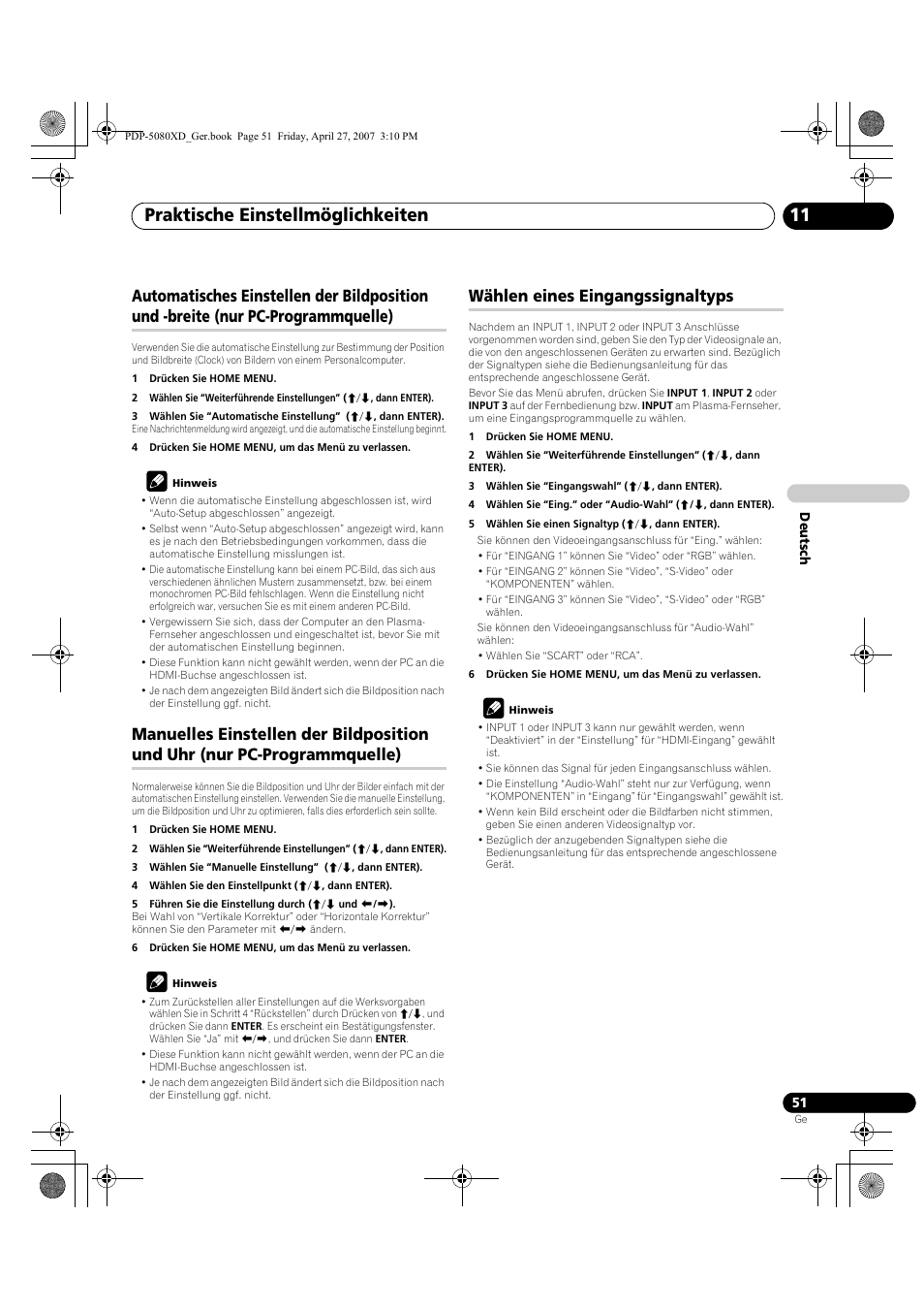 Nur pc-programmquelle), Manuelles einstellen der bildposition und uhr, Wählen eines eingangssignaltyps | Praktische einstellmöglichkeiten 11 | Pioneer PDP-SX5080D User Manual | Page 207 / 236