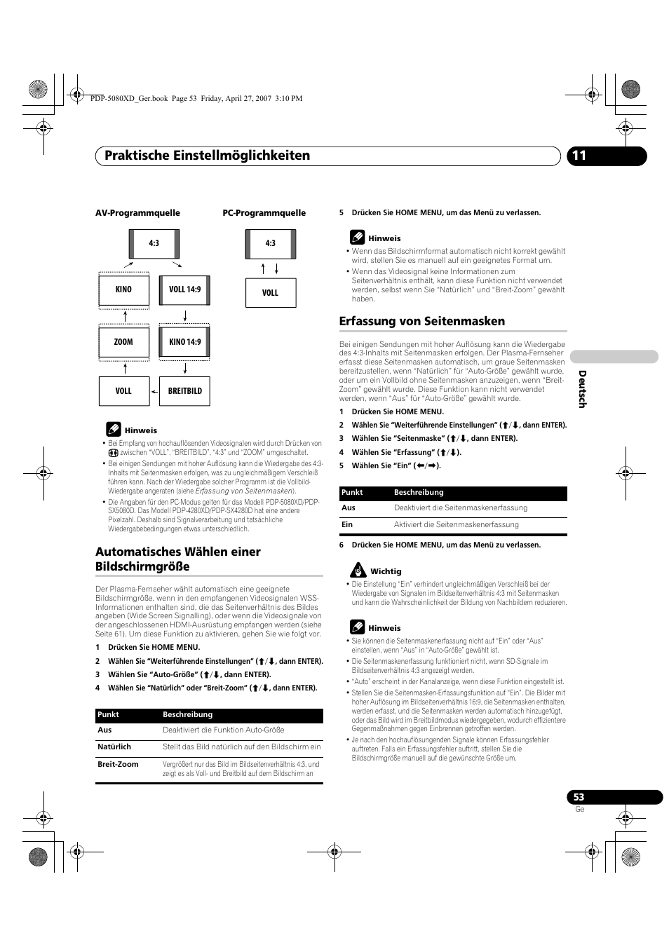 Praktische einstellmöglichkeiten 11, Automatisches wählen einer bildschirmgröße, Erfassung von seitenmasken | Pioneer PDP-SX5080D User Manual | Page 209 / 236