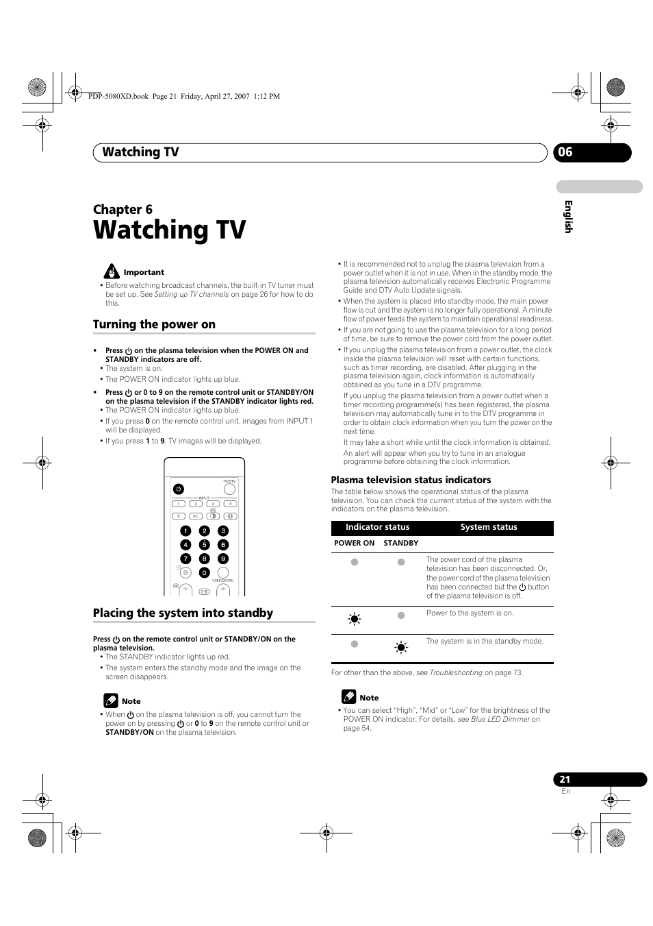 06 watching tv, Watching tv, Watching tv 06 | Chapter 6, Turning the power on, Placing the system into standby | Pioneer PDP-SX5080D User Manual | Page 21 / 236