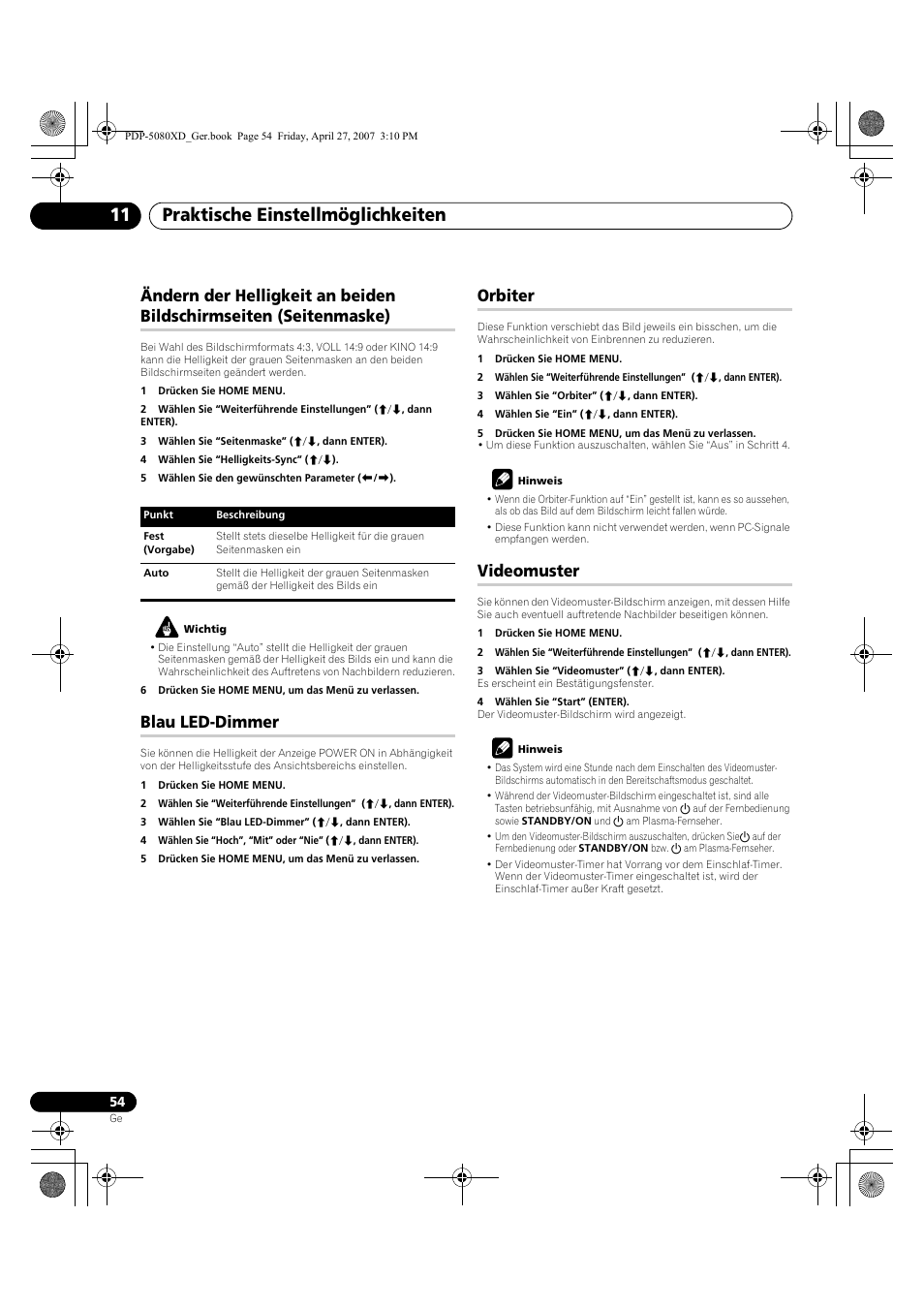 Ändern der helligkeit an beiden bildschirmseiten, Seitenmaske), Blau led-dimmer orbiter videomuster | Praktische einstellmöglichkeiten 11, Blau led-dimmer, Orbiter, Videomuster | Pioneer PDP-SX5080D User Manual | Page 210 / 236