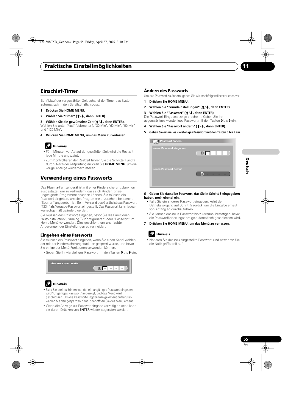 Einschlaf-timer verwendung eines passworts, Praktische einstellmöglichkeiten 11, Einschlaf-timer | Verwendung eines passworts | Pioneer PDP-SX5080D User Manual | Page 211 / 236