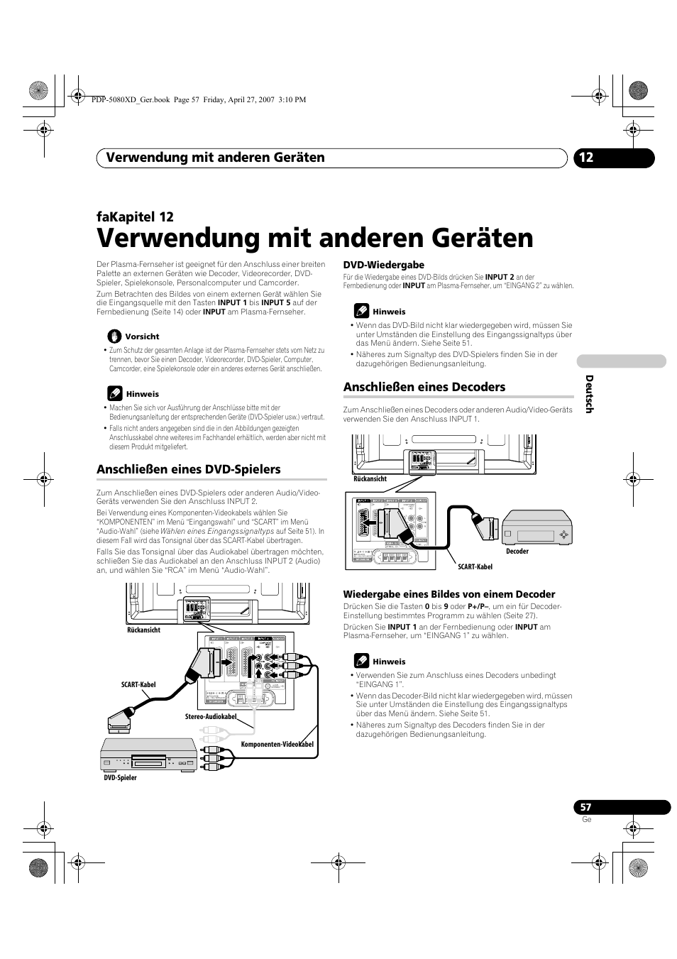 12 verwendung mit anderen geräten, Verwendung mit anderen geräten, Verwendung mit anderen geräten 12 | Fakapitel 12, Anschließen eines dvd-spielers, Anschließen eines decoders | Pioneer PDP-SX5080D User Manual | Page 213 / 236