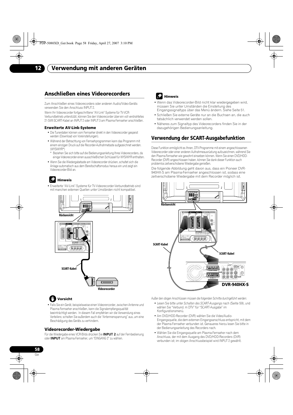 Verwendung mit anderen geräten 12, Anschließen eines videorecorders, Verwendung der scart-ausgabefunktion | Videorecorder-wiedergabe, Dvr-940hx-s | Pioneer PDP-SX5080D User Manual | Page 214 / 236