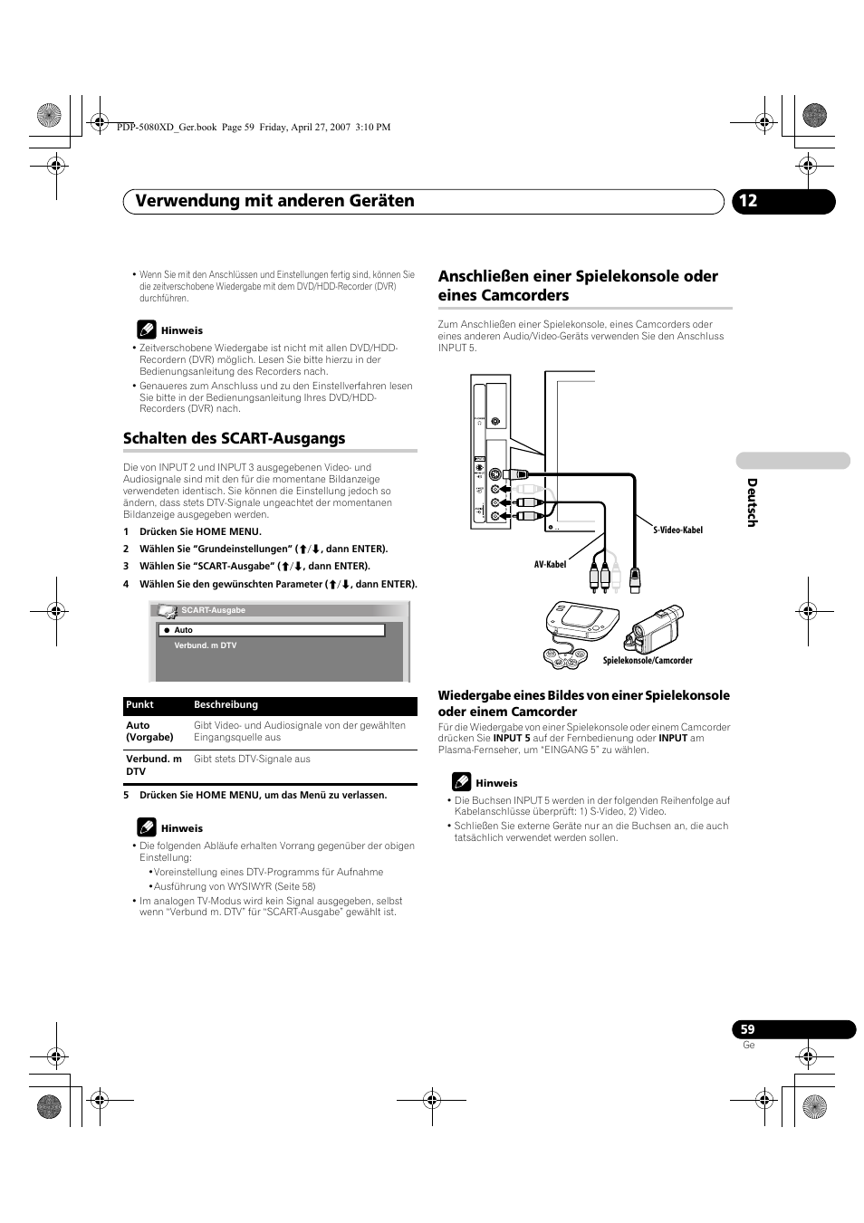 Camcorders, Verwendung mit anderen geräten 12, Schalten des scart-ausgangs | Pioneer PDP-SX5080D User Manual | Page 215 / 236