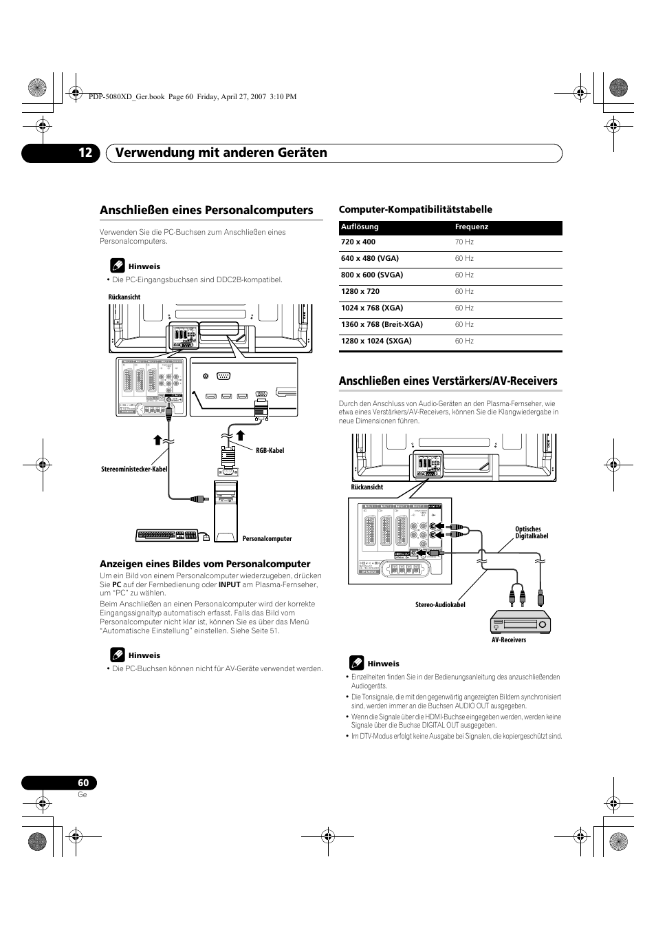Verwendung mit anderen geräten 12, Anschließen eines personalcomputers, Anschließen eines verstärkers/av-receivers | Pioneer PDP-SX5080D User Manual | Page 216 / 236