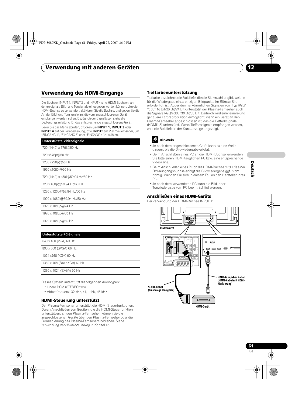 Verwendung des hdmi-eingangs, Verwendung mit anderen geräten 12 | Pioneer PDP-SX5080D User Manual | Page 217 / 236