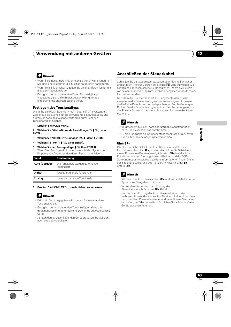 Anschließen der steuerkabel, Verwendung mit anderen geräten 12 | Pioneer PDP-SX5080D User Manual | Page 219 / 236