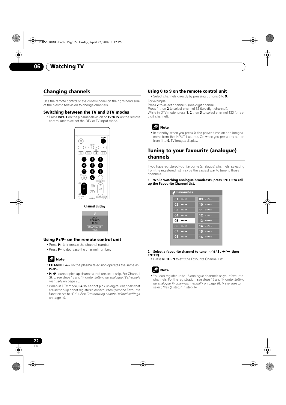 Watching tv 06, Changing channels, Tuning to your favourite (analogue) channels | Pioneer PDP-SX5080D User Manual | Page 22 / 236