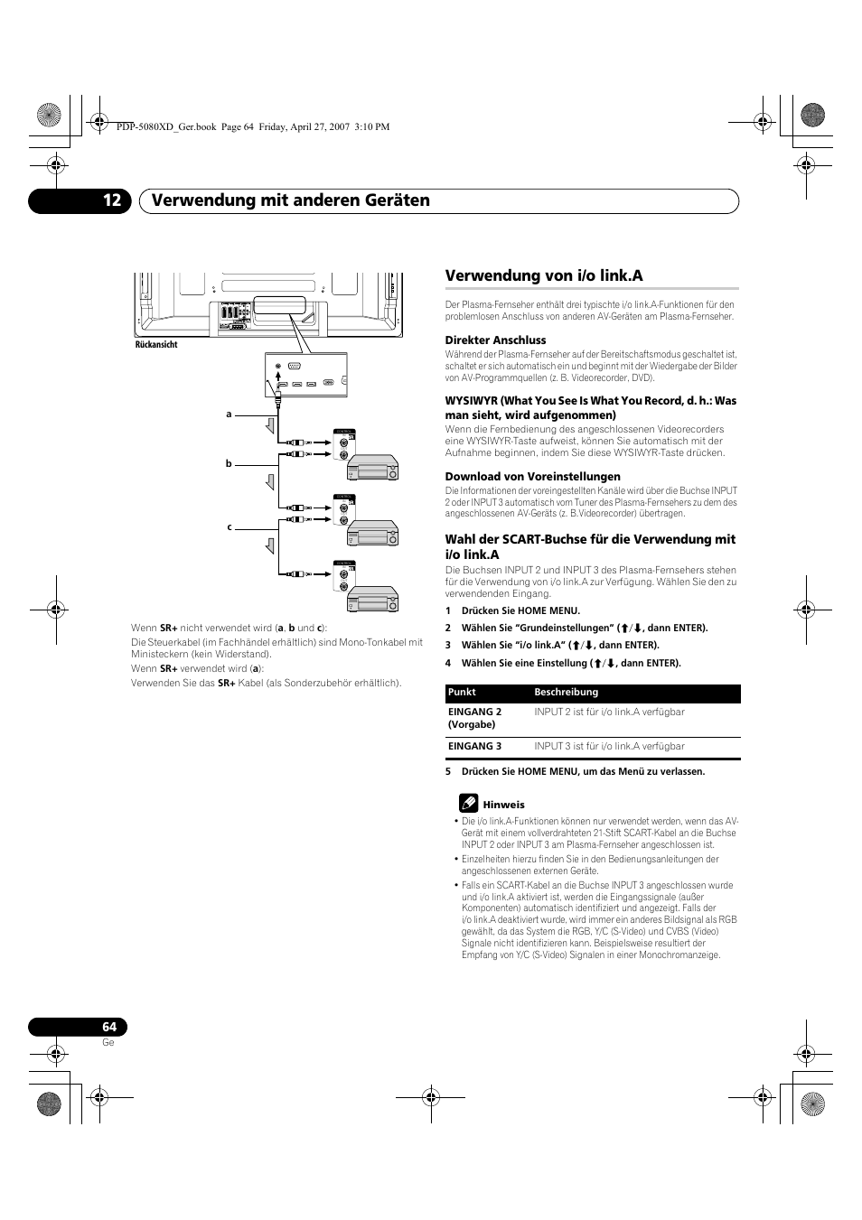 Verwendung von i/o link.a, Verwendung mit anderen geräten 12 | Pioneer PDP-SX5080D User Manual | Page 220 / 236