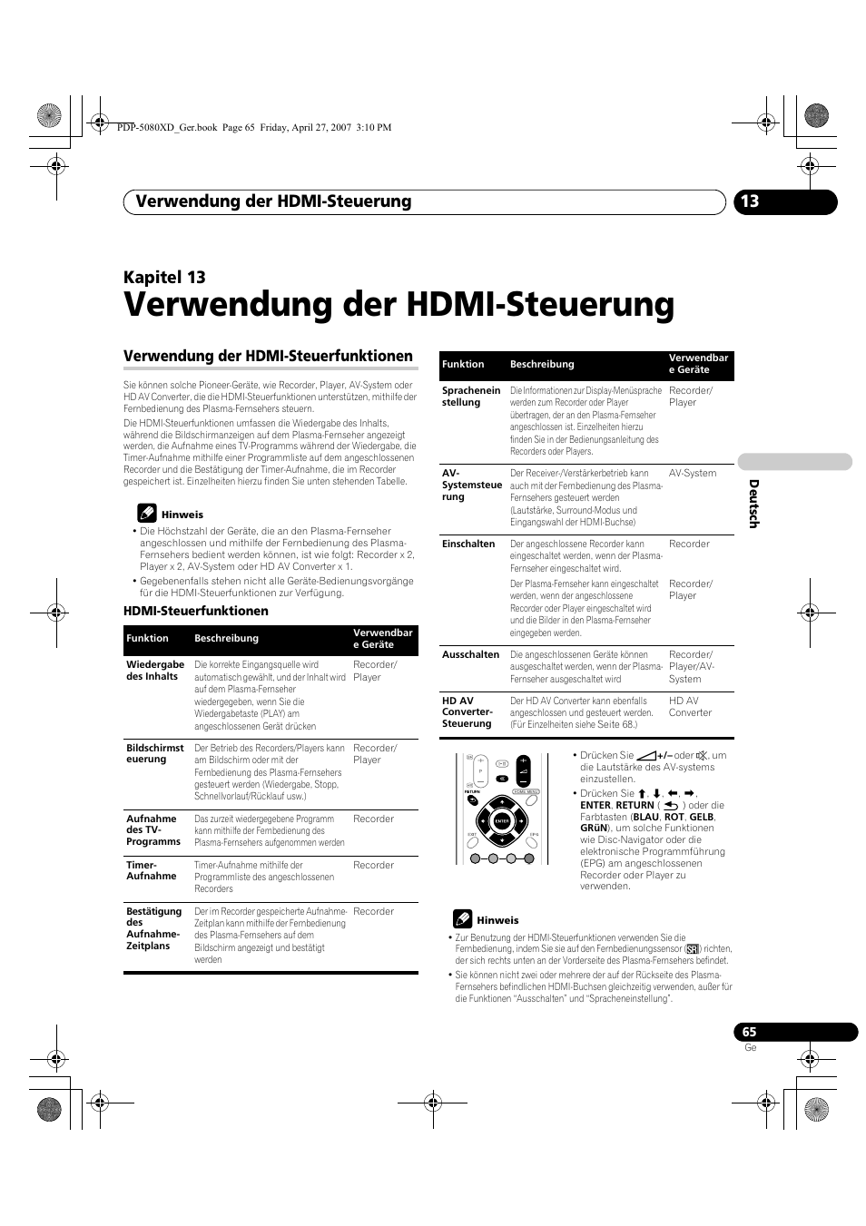 13 verwendung der hdmi-steuerung, Verwendung der hdmi-steuerfunktionen, Verwendung der hdmi-steuerung | Verwendung der hdmi-steuerung 13, Kapitel 13 | Pioneer PDP-SX5080D User Manual | Page 221 / 236
