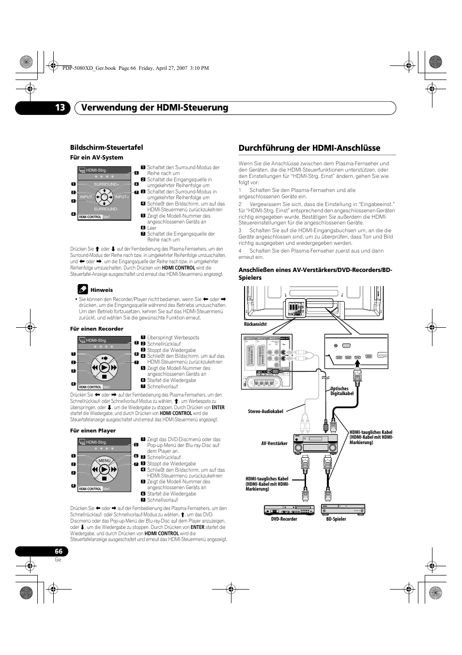 Durchführung der hdmi-anschlüsse, Verwendung der hdmi-steuerung 13, Bildschirm-steuertafel | Pioneer PDP-SX5080D User Manual | Page 222 / 236