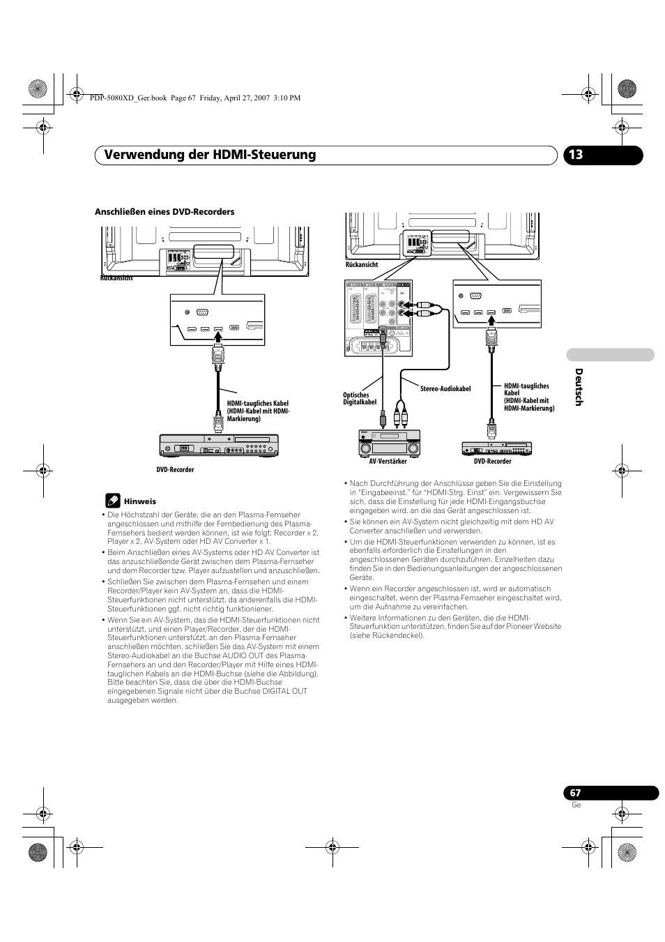 Verwendung der hdmi-steuerung 13 | Pioneer PDP-SX5080D User Manual | Page 223 / 236