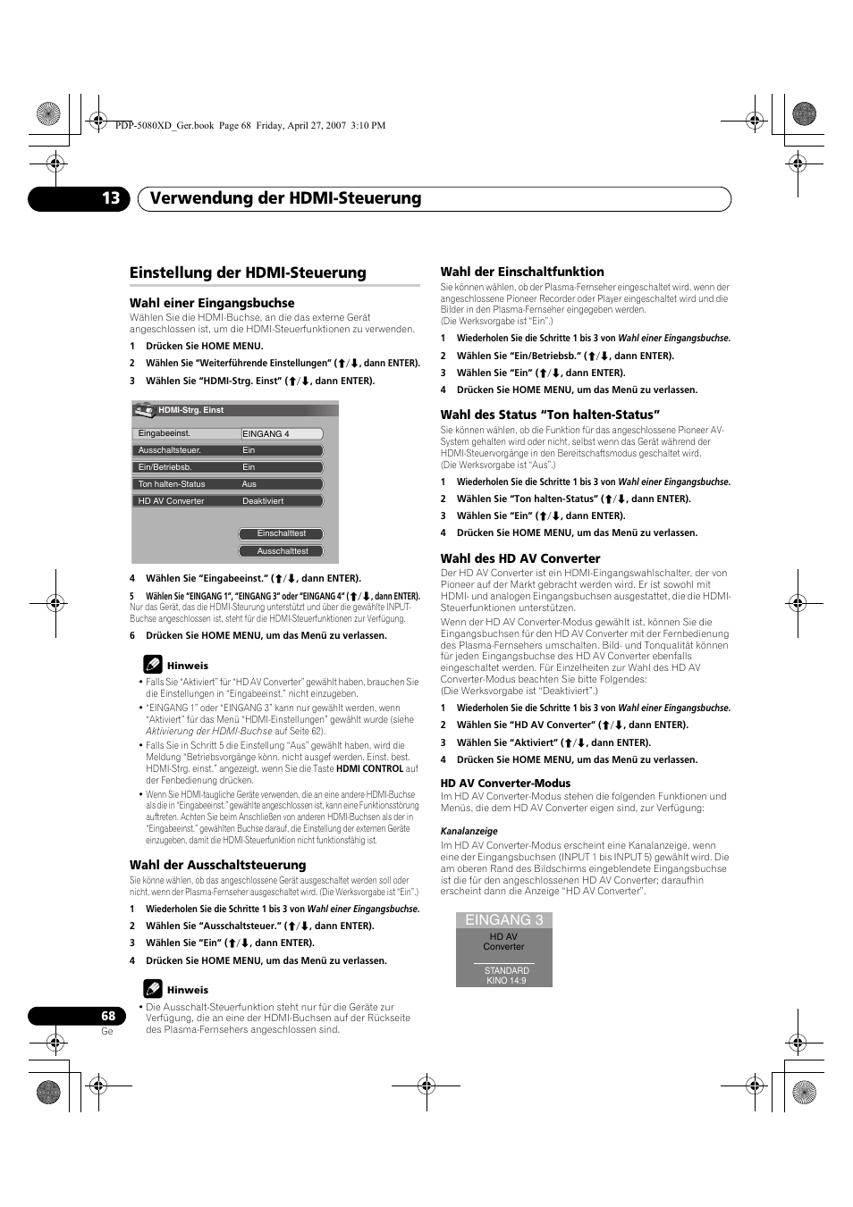 Einstellung der hdmi-steuerung, Verwendung der hdmi-steuerung 13, Eingang 3 | Pioneer PDP-SX5080D User Manual | Page 224 / 236