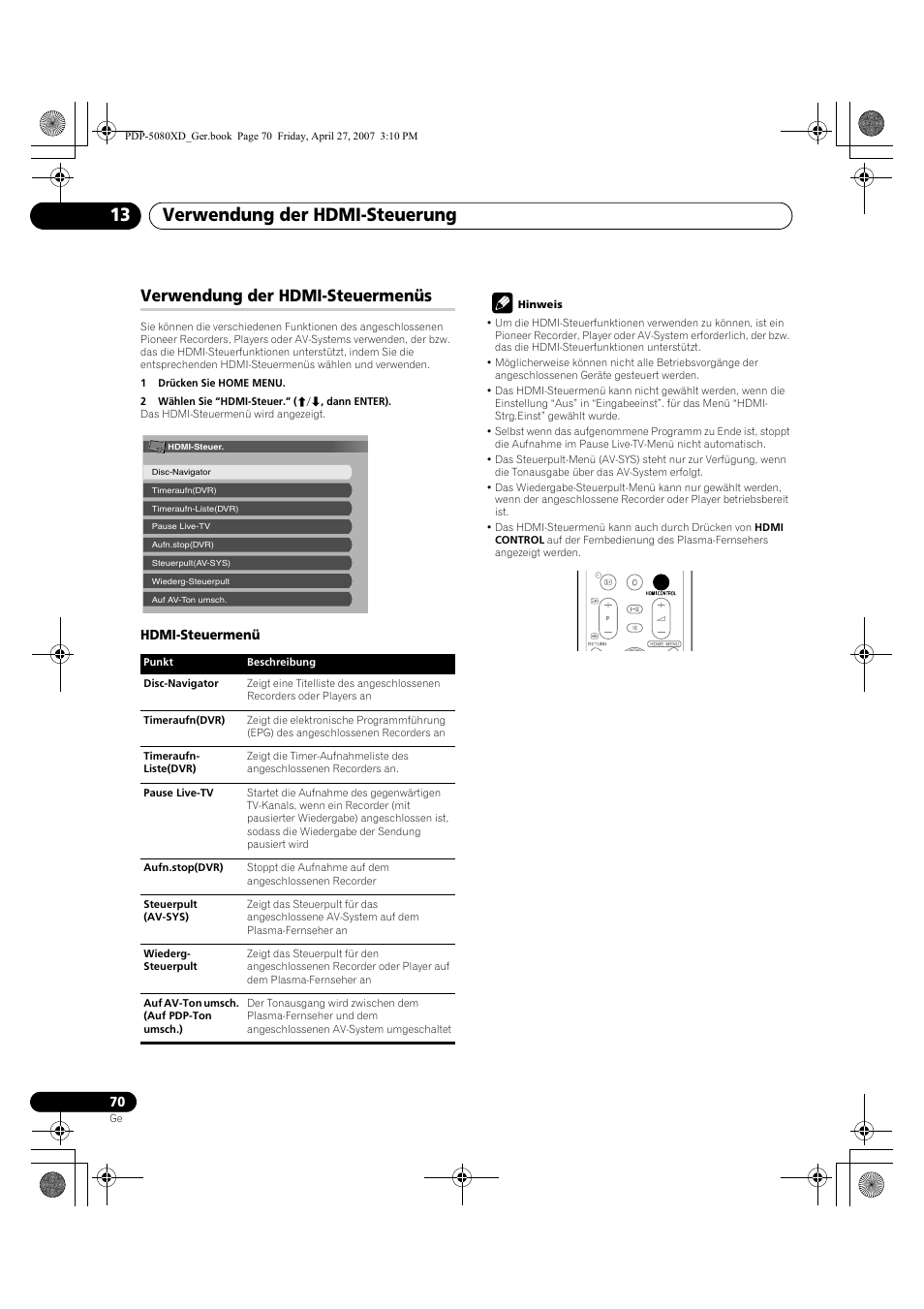 Verwendung der hdmi-steuermenüs, Verwendung der hdmi-steuerung 13 | Pioneer PDP-SX5080D User Manual | Page 226 / 236