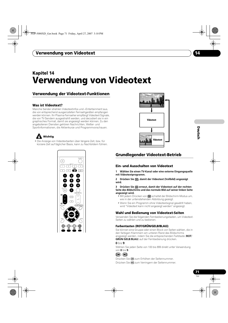 14 verwendung von videotext, Verwendung von videotext, Verwendung von videotext 14 | Kapitel 14, Verwendung der videotext-funktionen, Grundlegender videotext-betrieb | Pioneer PDP-SX5080D User Manual | Page 227 / 236