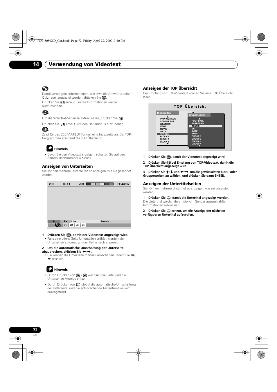 Verwendung von videotext 14 | Pioneer PDP-SX5080D User Manual | Page 228 / 236
