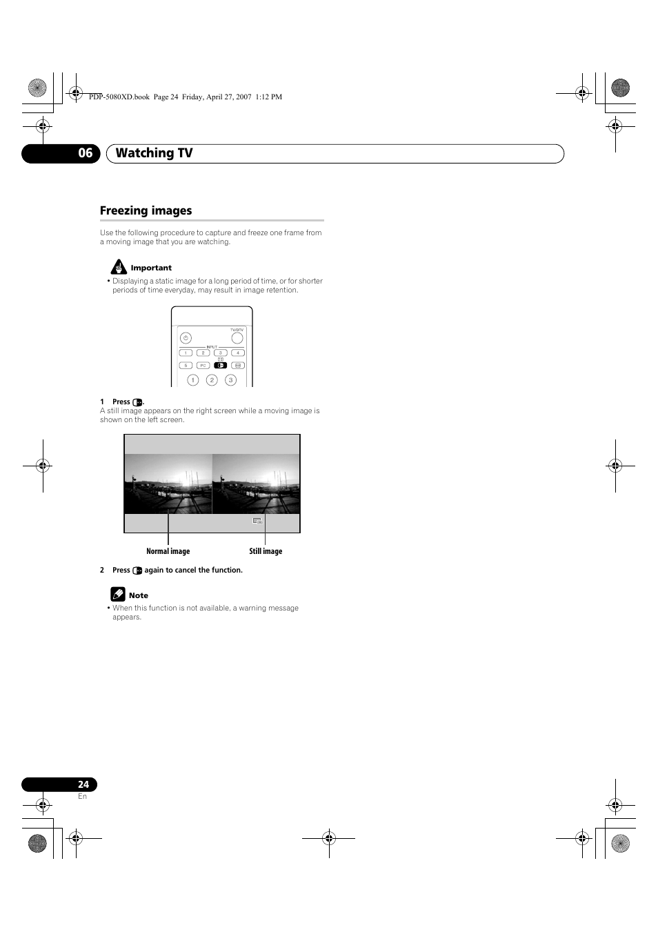 Freezing images, Watching tv 06 | Pioneer PDP-SX5080D User Manual | Page 24 / 236