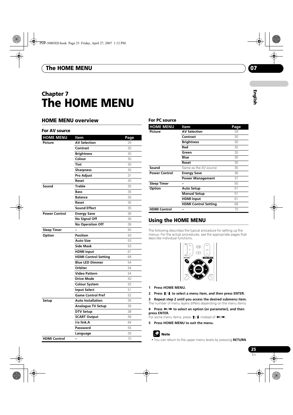 07 the home menu, Home menu overview using the home menu, The home menu | The home menu 07, Chapter 7, Home menu overview, Using the home menu | Pioneer PDP-SX5080D User Manual | Page 25 / 236