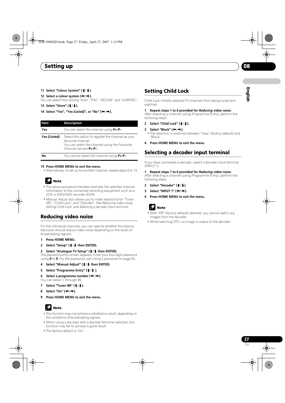 Setting up 08, Reducing video noise, Setting child lock | Selecting a decoder input terminal | Pioneer PDP-SX5080D User Manual | Page 27 / 236