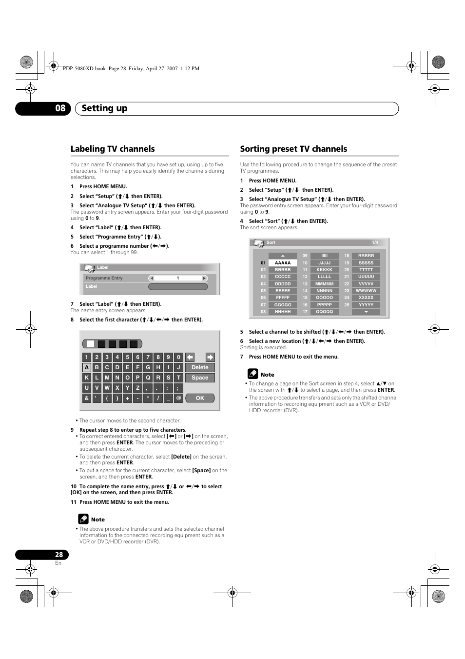 Labeling tv channels sorting preset tv channels, Setting up 08, Labeling tv channels | Sorting preset tv channels | Pioneer PDP-SX5080D User Manual | Page 28 / 236