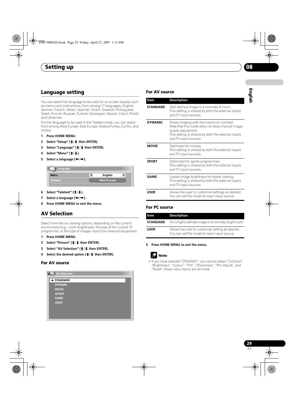 Language setting av selection, Setting up 08, Language setting | Av selection | Pioneer PDP-SX5080D User Manual | Page 29 / 236