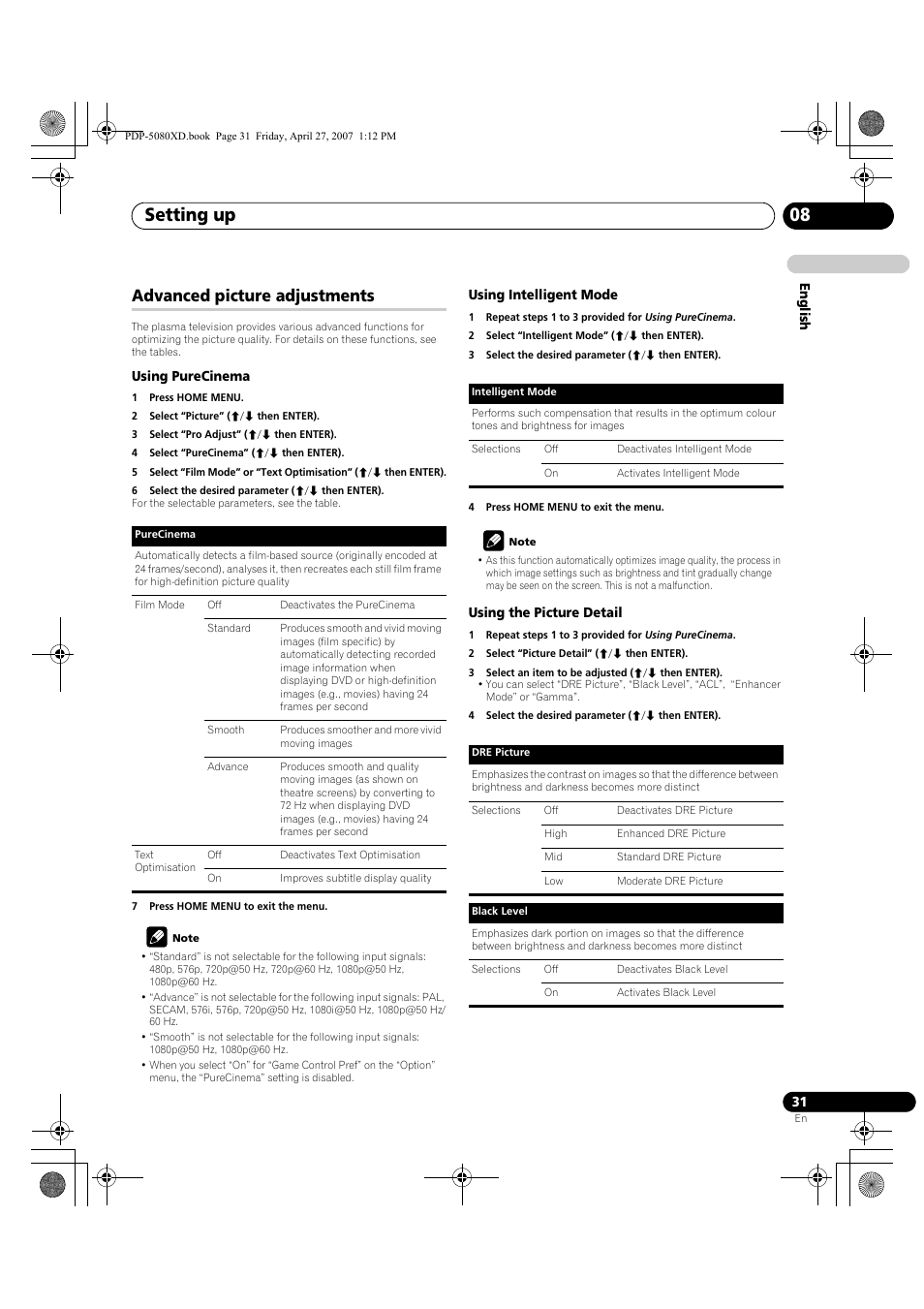 Advanced picture adjustments, Setting up 08 | Pioneer PDP-SX5080D User Manual | Page 31 / 236