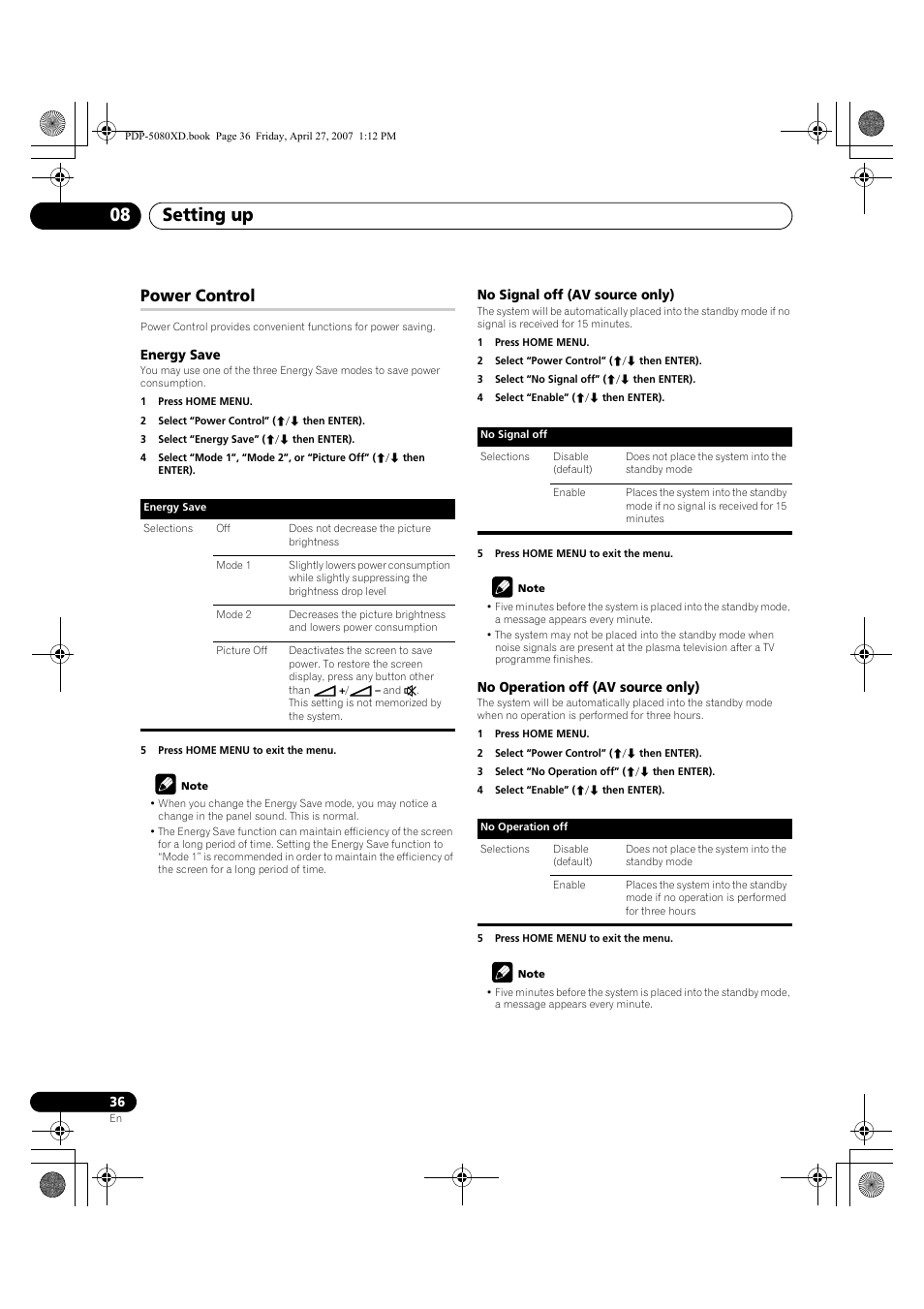 Power control, Setting up 08 | Pioneer PDP-SX5080D User Manual | Page 36 / 236