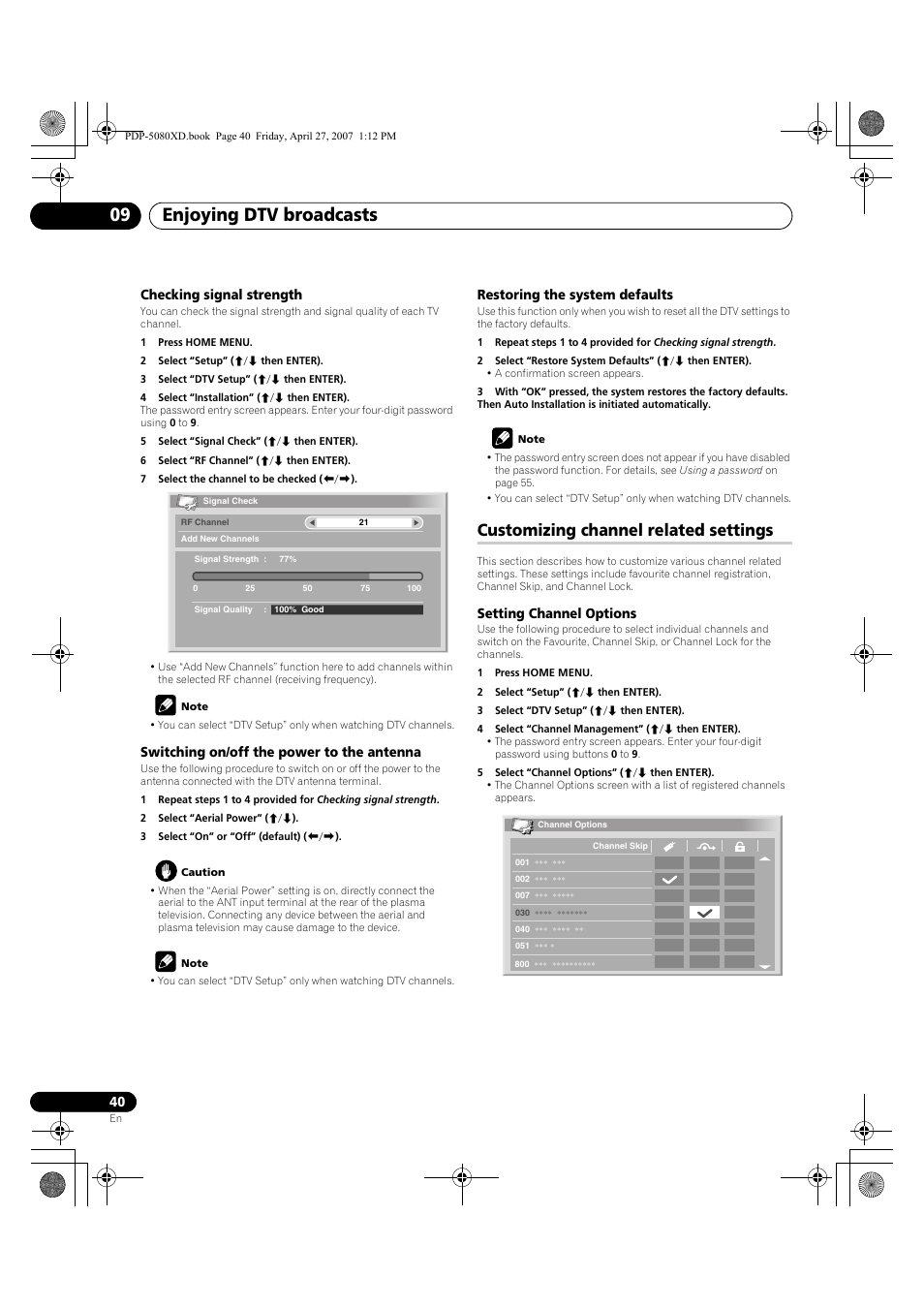 Customizing channel related settings, Enjoying dtv broadcasts 09, Checking signal strength | Switching on/off the power to the antenna, Restoring the system defaults, Setting channel options | Pioneer PDP-SX5080D User Manual | Page 40 / 236