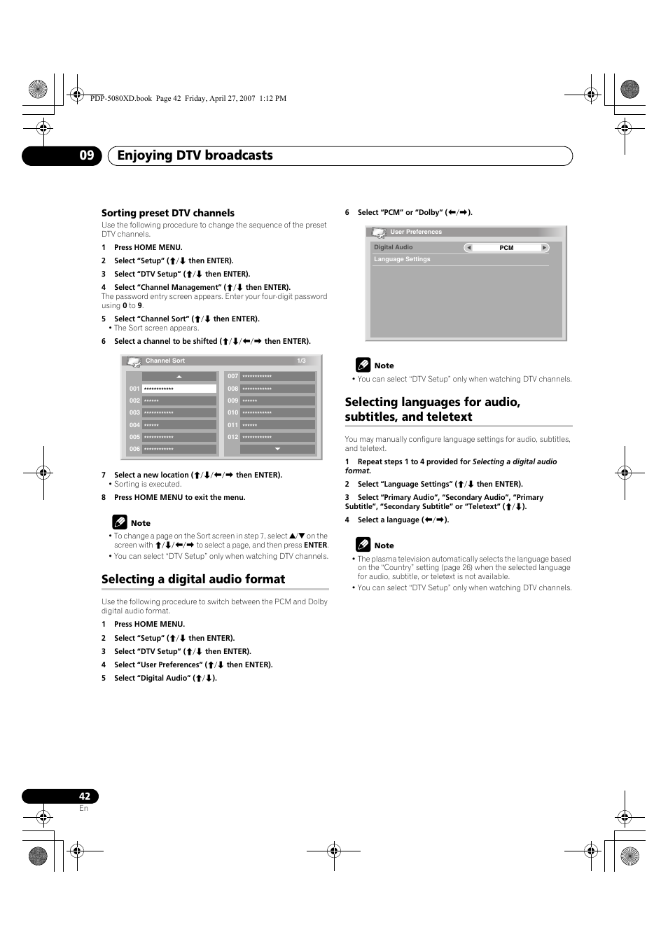 And teletext, Enjoying dtv broadcasts 09, Selecting a digital audio format | Sorting preset dtv channels | Pioneer PDP-SX5080D User Manual | Page 42 / 236