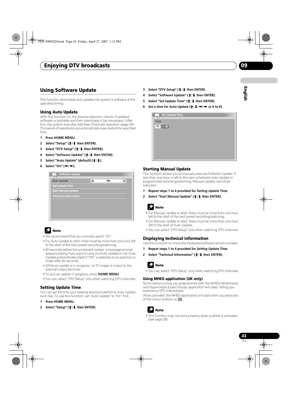 Using software update, Enjoying dtv broadcasts 09 | Pioneer PDP-SX5080D User Manual | Page 43 / 236