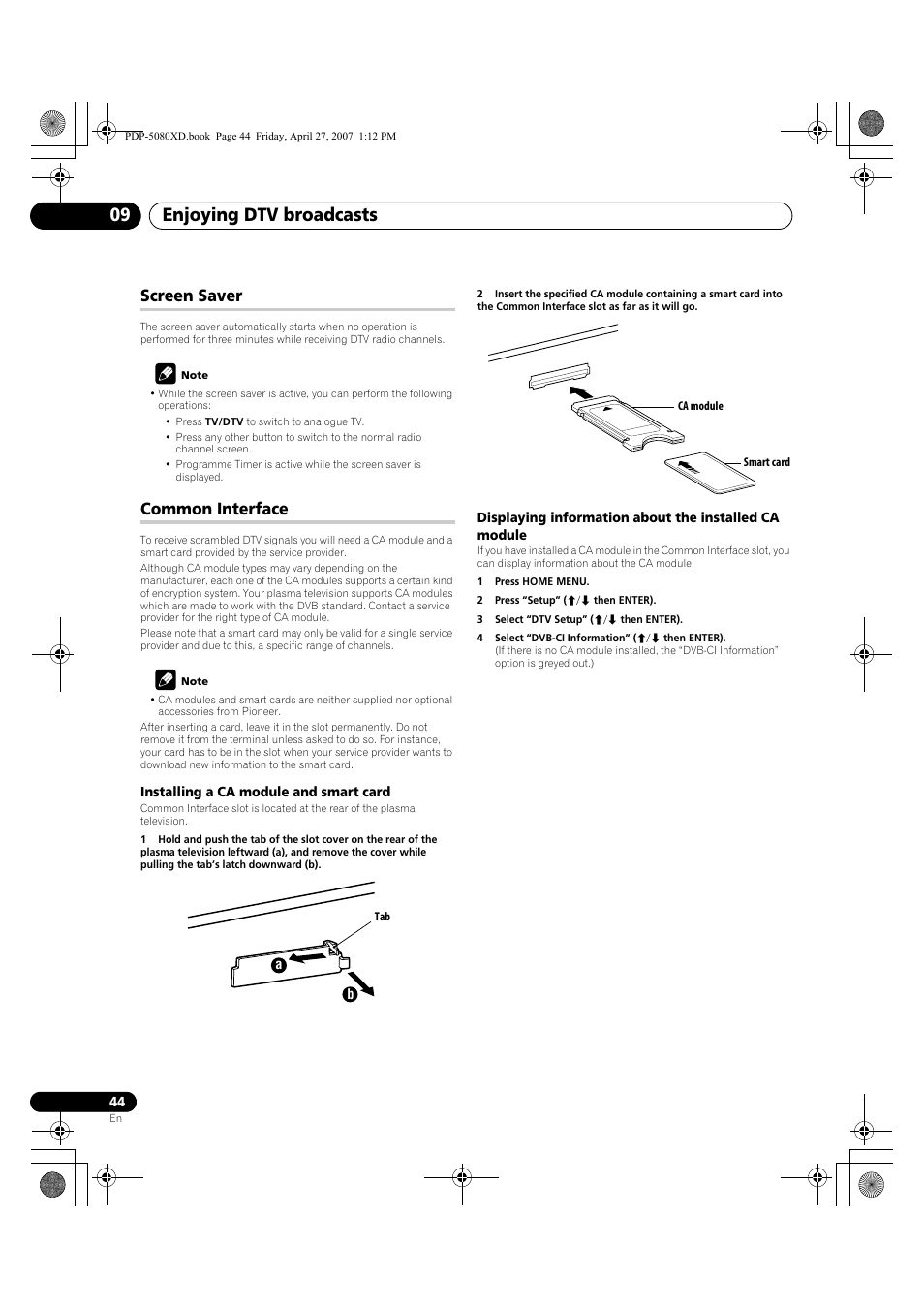 Screen saver common interface, Enjoying dtv broadcasts 09, Screen saver | Common interface | Pioneer PDP-SX5080D User Manual | Page 44 / 236