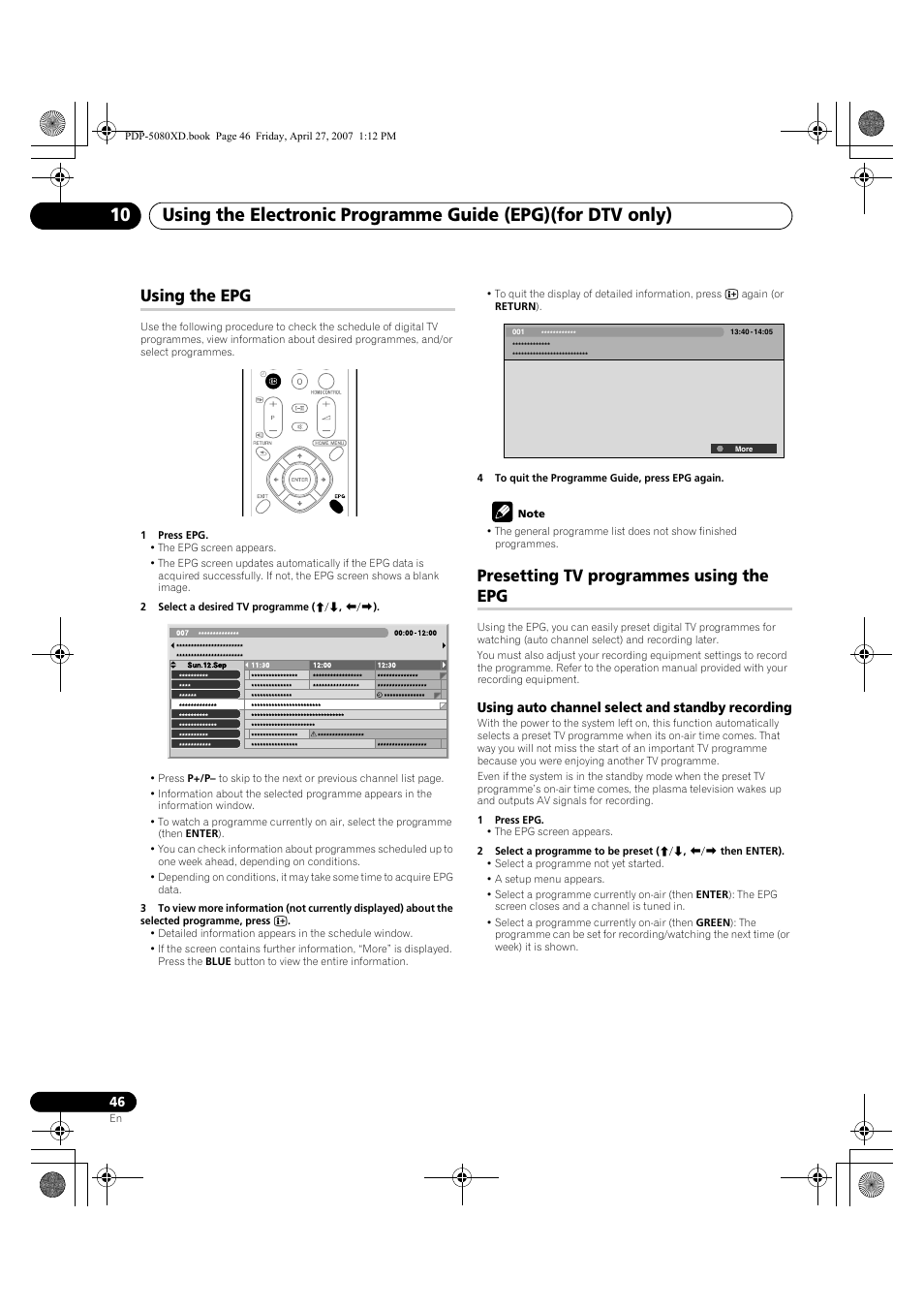 Using the epg, Presetting tv programmes using the epg | Pioneer PDP-SX5080D User Manual | Page 46 / 236