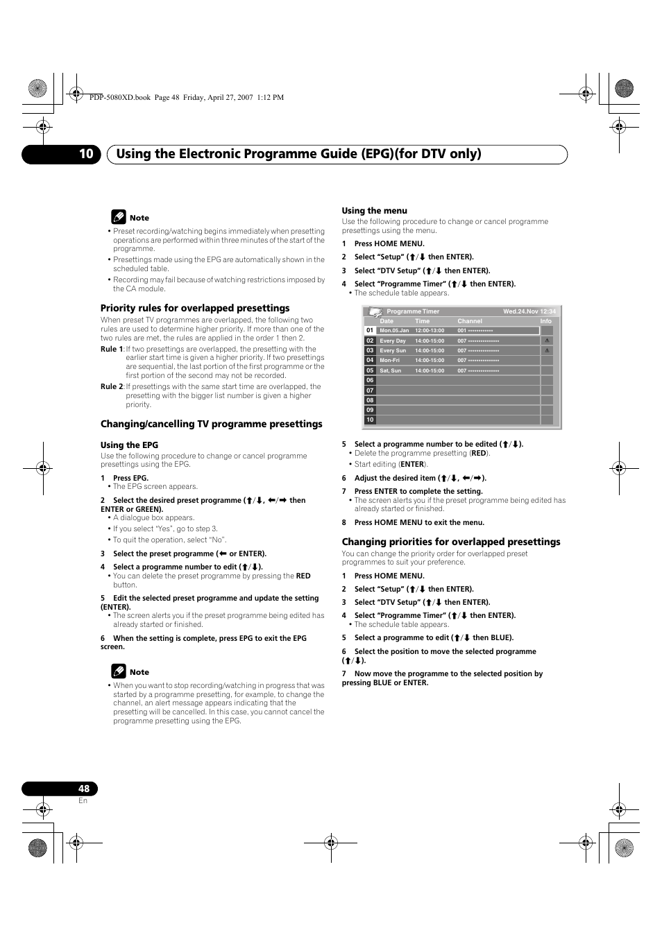 Priority rules for overlapped presettings, Changing/cancelling tv programme presettings, Changing priorities for overlapped presettings | Pioneer PDP-SX5080D User Manual | Page 48 / 236