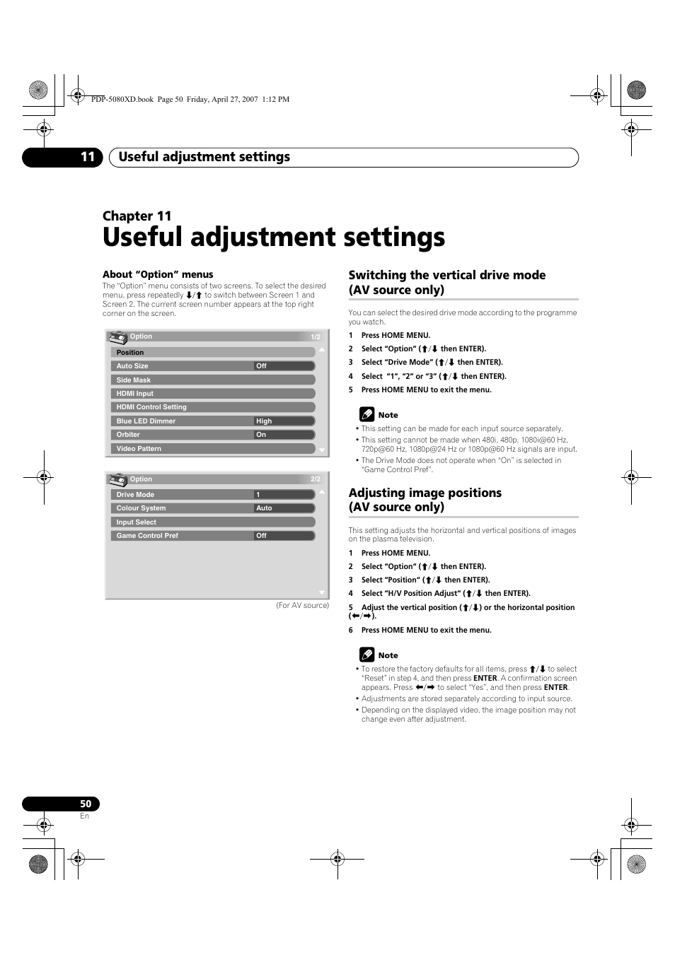 11 useful adjustment settings, Switching the vertical drive mode, Av source only) | Adjusting image positions, Useful adjustment settings, Useful adjustment settings 11, Chapter 11, Switching the vertical drive mode (av source only), Adjusting image positions (av source only) | Pioneer PDP-SX5080D User Manual | Page 50 / 236