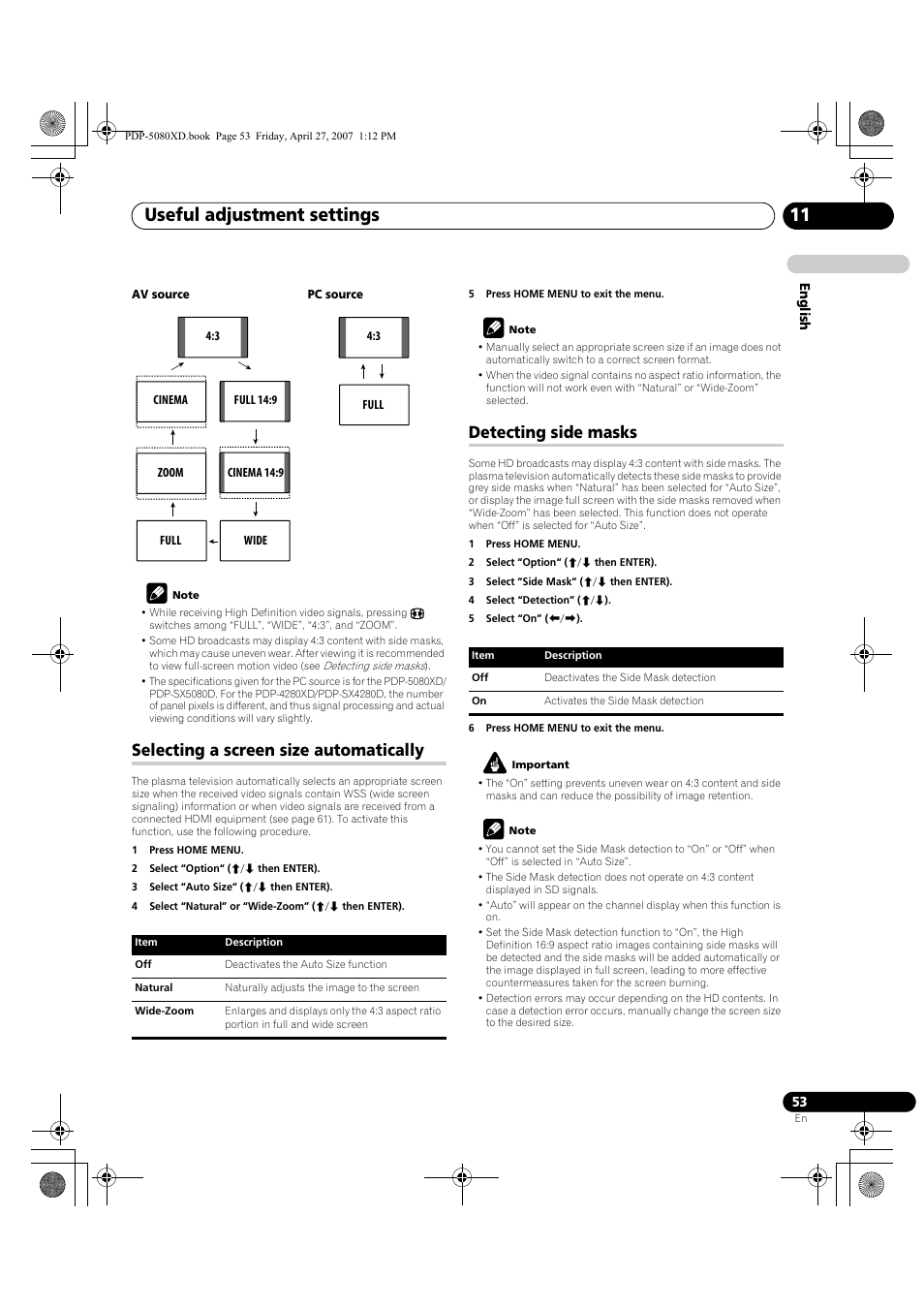 Useful adjustment settings 11, Selecting a screen size automatically, Detecting side masks | Pioneer PDP-SX5080D User Manual | Page 53 / 236