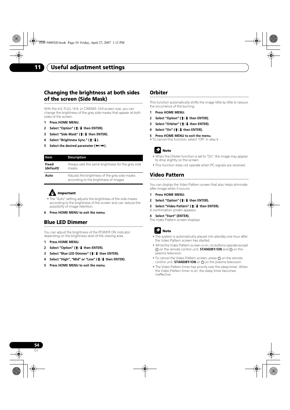 Side mask), Blue led dimmer orbiter video pattern, Useful adjustment settings 11 | Blue led dimmer, Orbiter, Video pattern | Pioneer PDP-SX5080D User Manual | Page 54 / 236