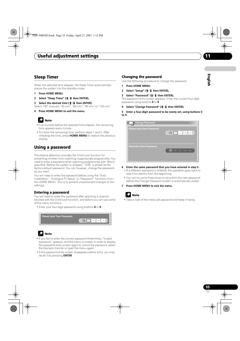 Sleep timer using a password, Annel for channel lock, set using a, Useful adjustment settings 11 | Sleep timer, Using a password | Pioneer PDP-SX5080D User Manual | Page 55 / 236