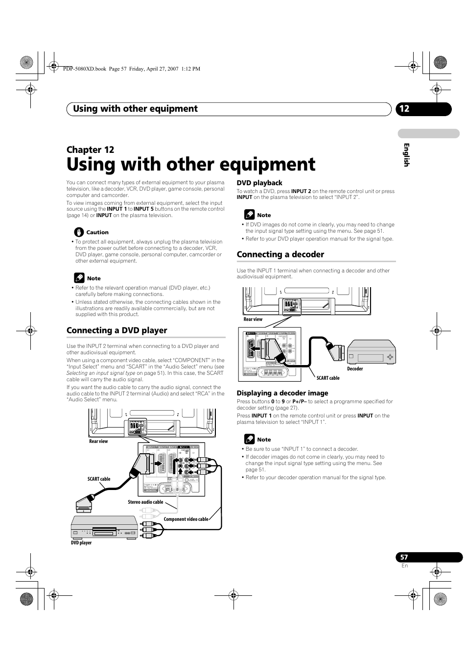 12 using with other equipment, Connecting a dvd player connecting a decoder, Using with other equipment | Using with other equipment 12, Chapter 12, Connecting a dvd player, Connecting a decoder | Pioneer PDP-SX5080D User Manual | Page 57 / 236