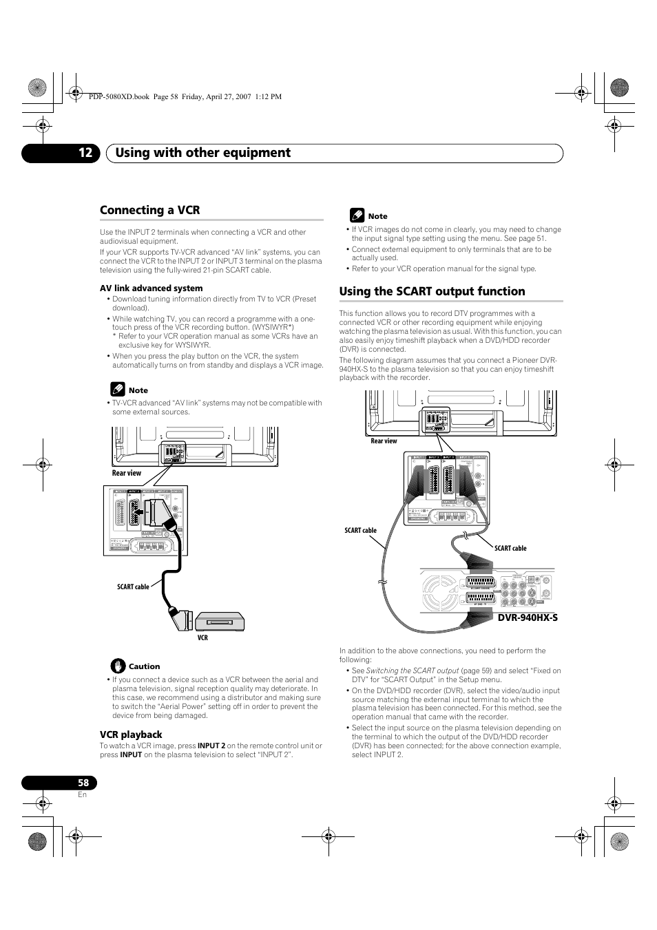 Connecting a vcr using the scart output function, Using with other equipment 12, Connecting a vcr | Using the scart output function, Vcr playback, Dvr-940hx-s | Pioneer PDP-SX5080D User Manual | Page 58 / 236