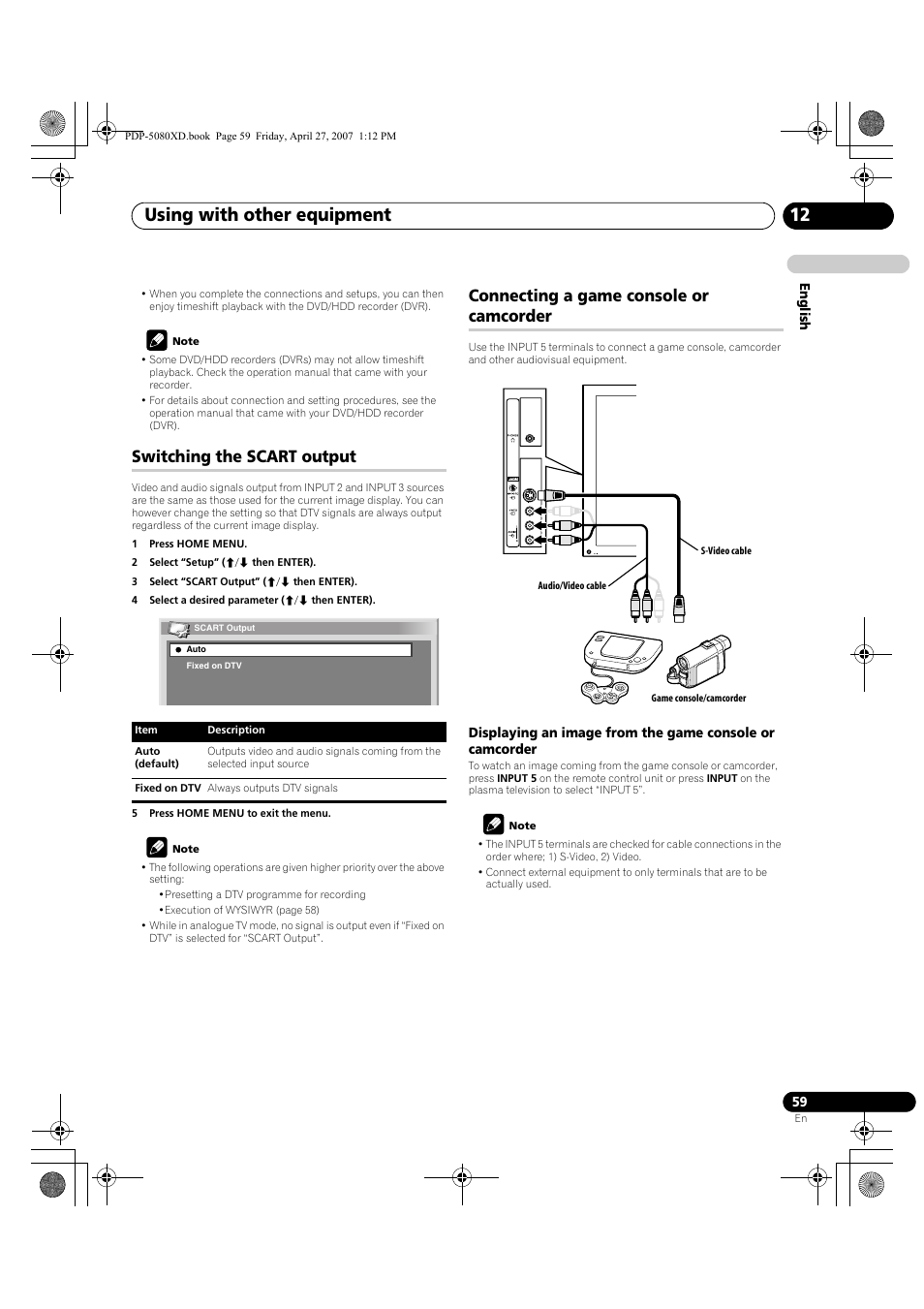 Using with other equipment 12, Switching the scart output, Connecting a game console or camcorder | Pioneer PDP-SX5080D User Manual | Page 59 / 236