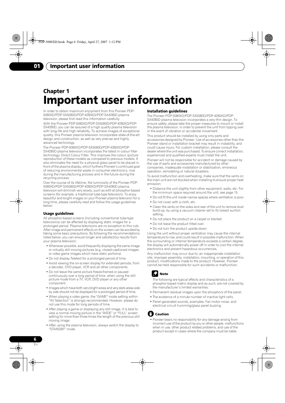01 important user information, Important user information, Important user information 01 | Chapter 1 | Pioneer PDP-SX5080D User Manual | Page 6 / 236