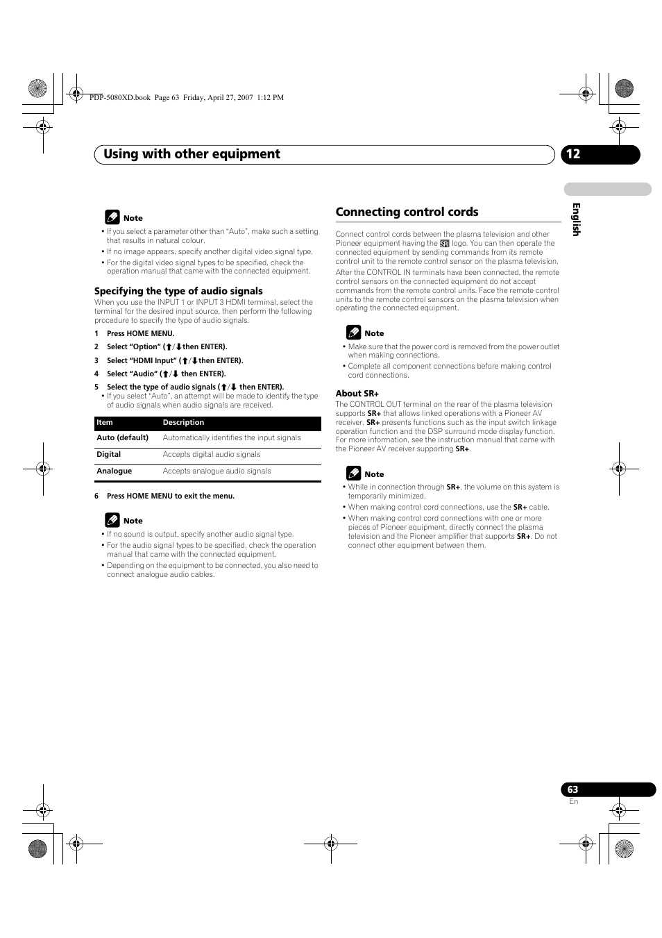 Connecting control cords, Using with other equipment 12 | Pioneer PDP-SX5080D User Manual | Page 63 / 236