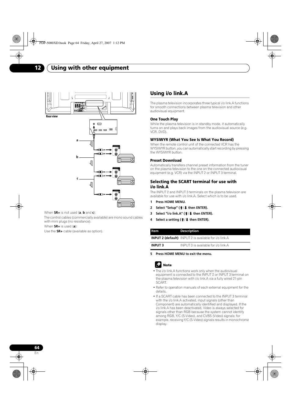 Using i/o link.a, Using with other equipment 12 | Pioneer PDP-SX5080D User Manual | Page 64 / 236