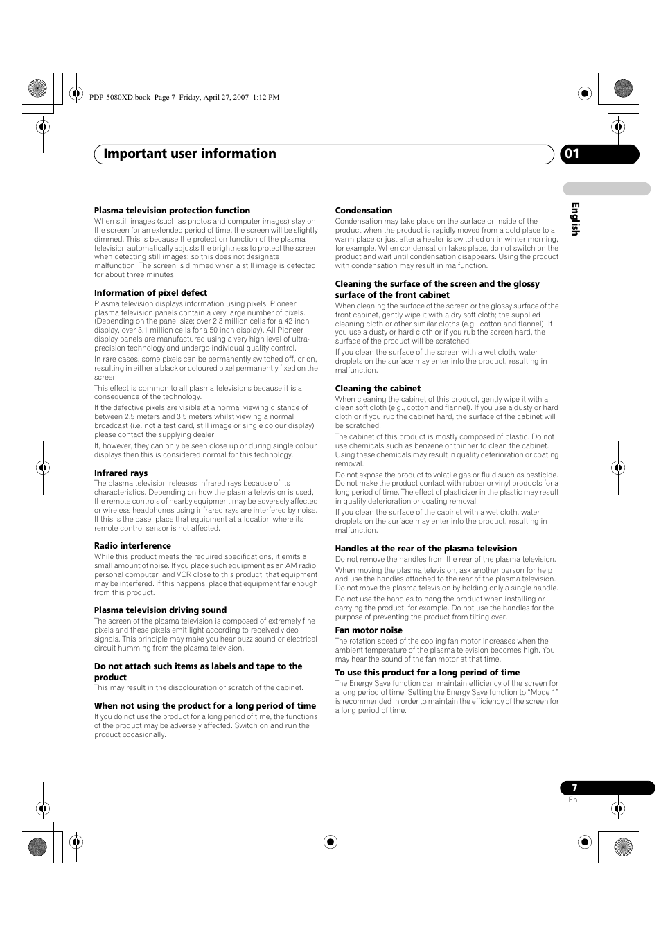 Important user information 01 | Pioneer PDP-SX5080D User Manual | Page 7 / 236