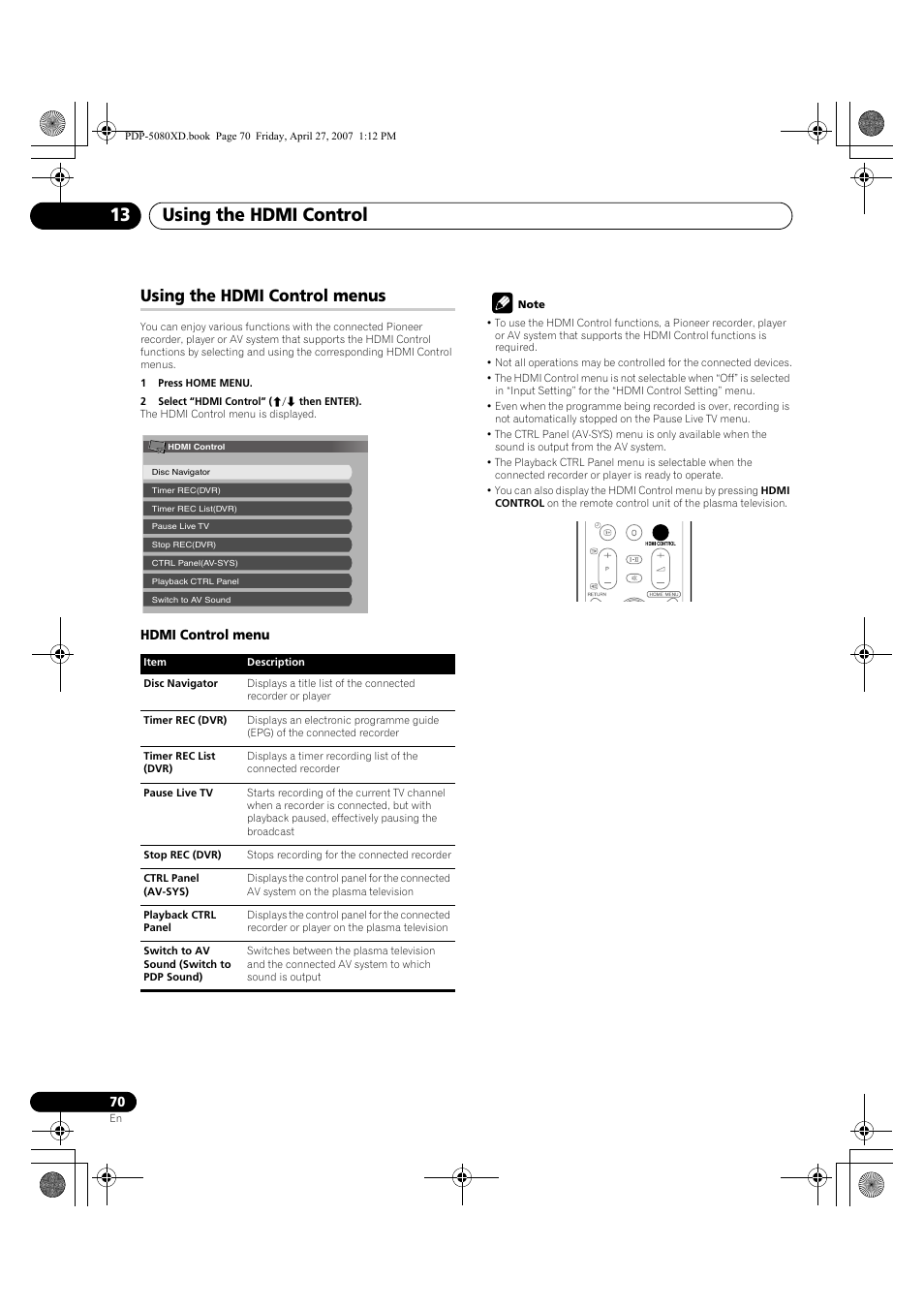 Using the hdmi control menus, Using the hdmi control 13 | Pioneer PDP-SX5080D User Manual | Page 70 / 236